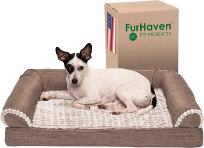 Memory Foam Dog Bed for Medium/Small Dogs W/ Removable Bolsters & Washable Cover, for Dogs up to 35 Lbs - Luxe Faux Fur & Performance Linen Sofa - Woodsmoke, Medium