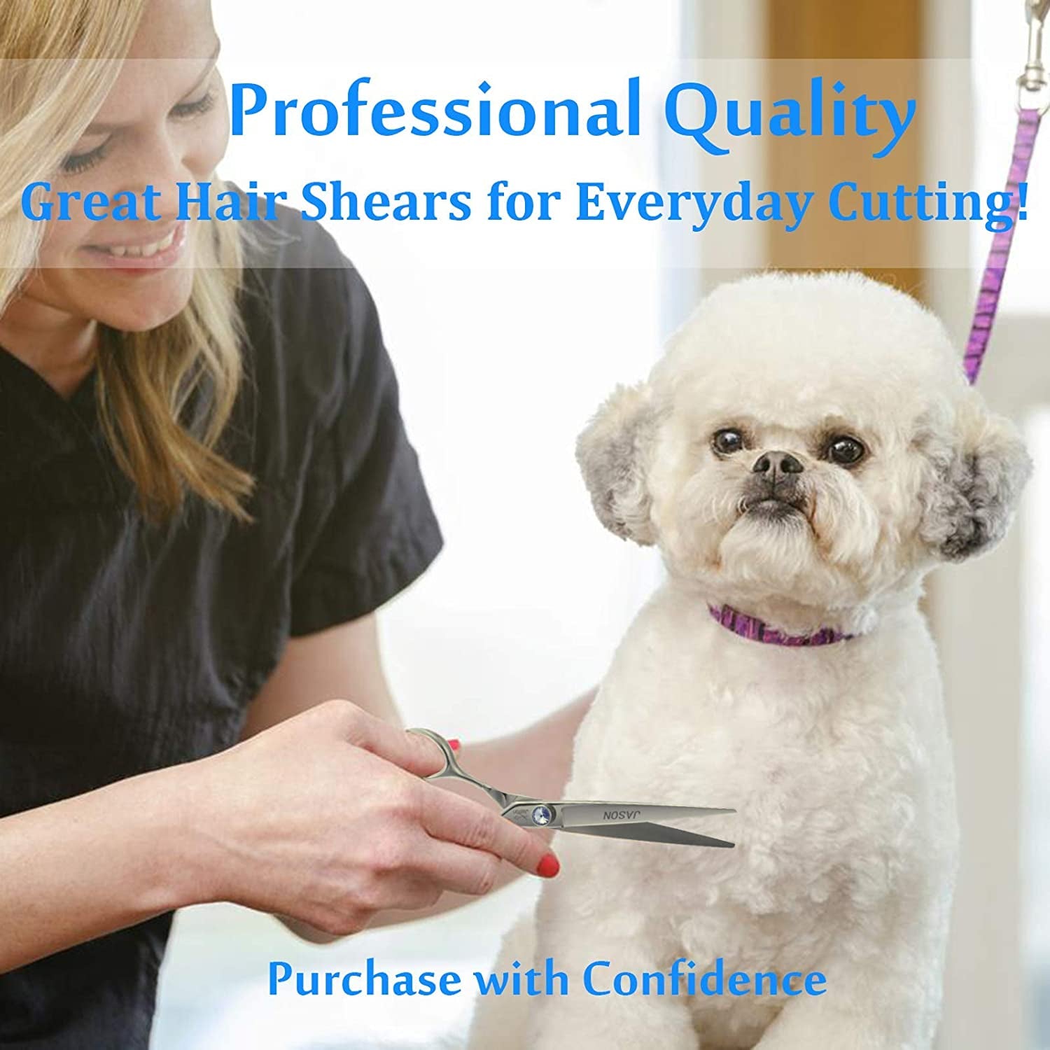 7" Straight Dog Grooming Scissors, Ergonomic Pets Grooming Shears, Premium Cats Trimming Kit with Offset Handle and Jewelled Screw, Sharp, Comfortable