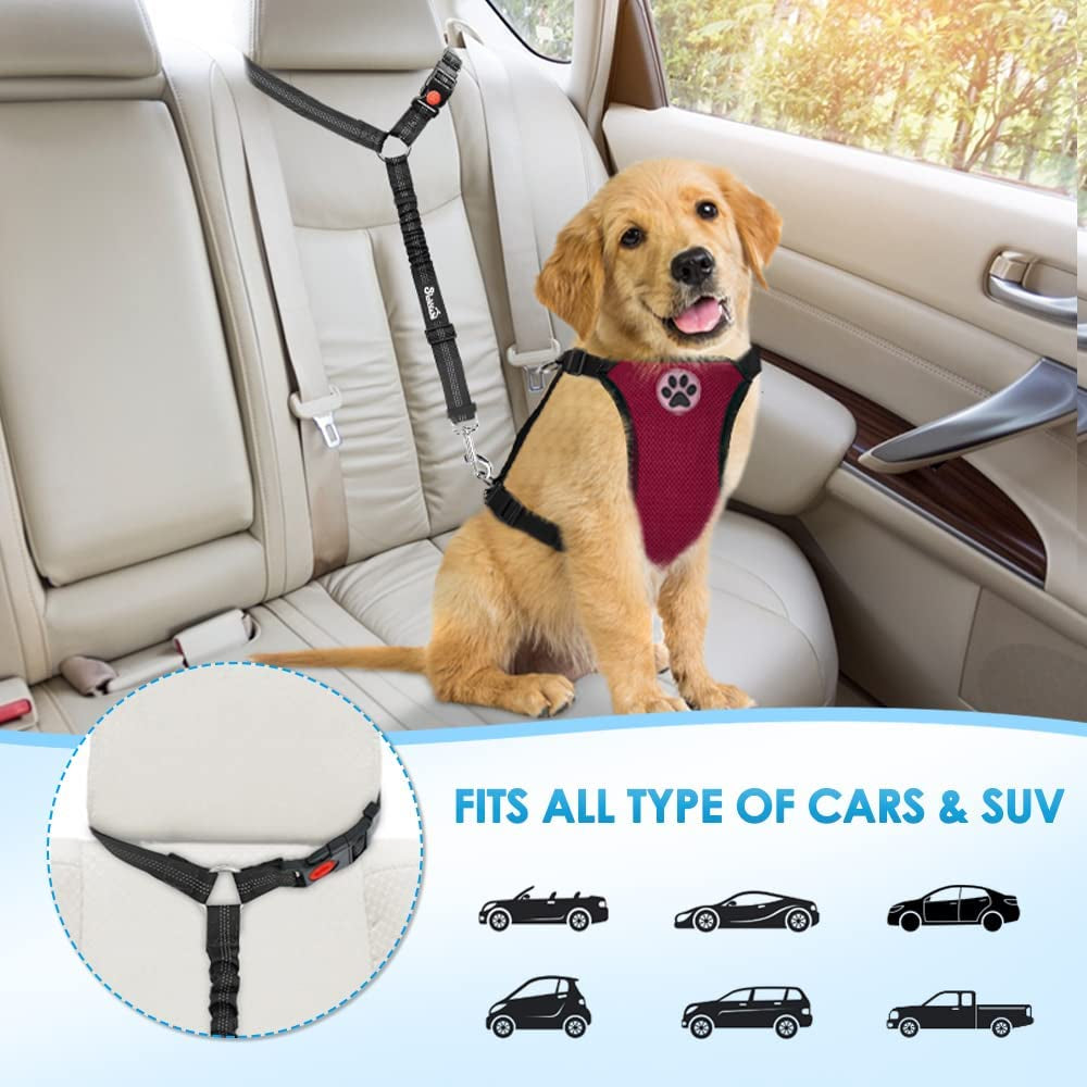 Dog Seat Belt for Car, 2 Pack Dog Car Harness Seatbelt Adjustable with Elastic Bungee Buffer, 2 in 1 Pet Car Leash Headrest Restraint Dog Reflective Safety Tether (Black, Headrest)