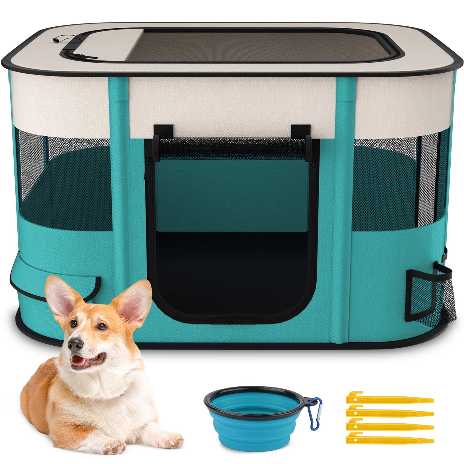 Pet Playpen, Foldable Portable Dog Cat Playpens Exercise Kennel Tent, Removable Shade Cover, Indoor Outdoor Travel Camping Use(M)