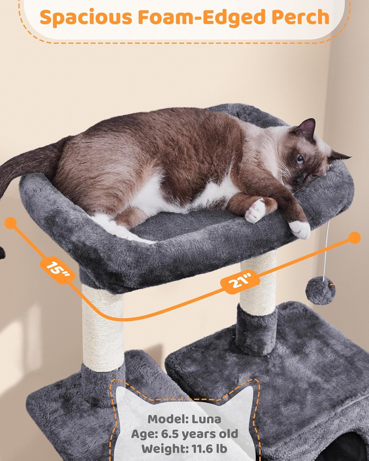 Large Multi-Level Cat Tree, 63 Inches Tall with Sisal-Covered Scratching Posts, Condo, Hammock, Dangling Ball, and Extended Platform for Cats to Play and Sleep