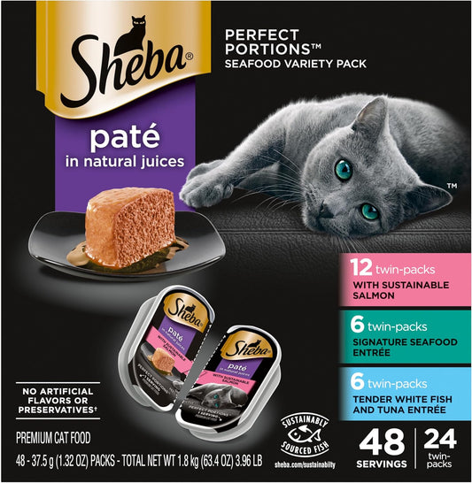 Perfect Portions Wet Cat Food Pate with Sustainable Salmon, Signature Seafood Entree, and Tender White Fish and Tuna Entree Variety Pack, 2.6 Oz. Twin Pack Trays (24 Count, 48 Servings)