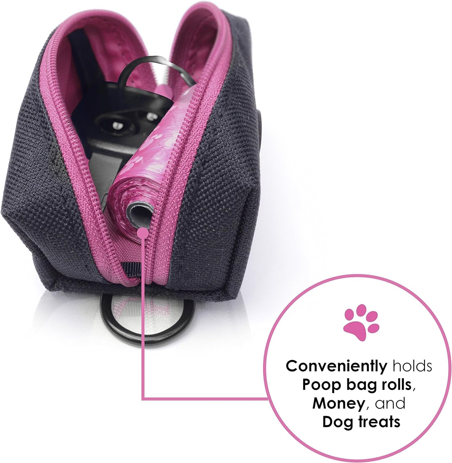 Dog Poop Bag Holder Leash Attachment - Fits Any Dog Leash - Includes Free Roll of Dog Bags – Poop Bag Dispenser (Black and Magenta)