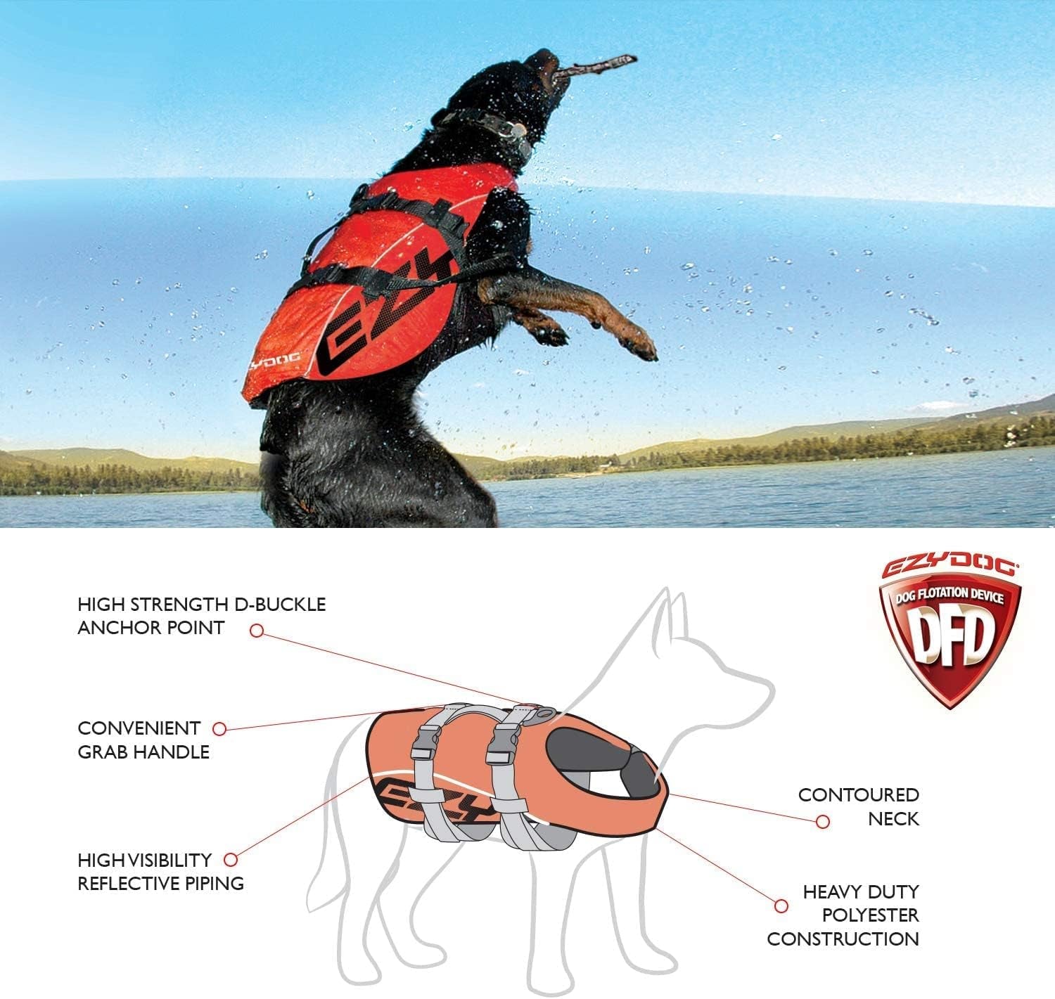 DFD Dog Life Jacket - Adjustable Swimming Safety Vest with Reflective Trim & Durable Grab Handle - 50% More Flotation Material - X-Small, Red