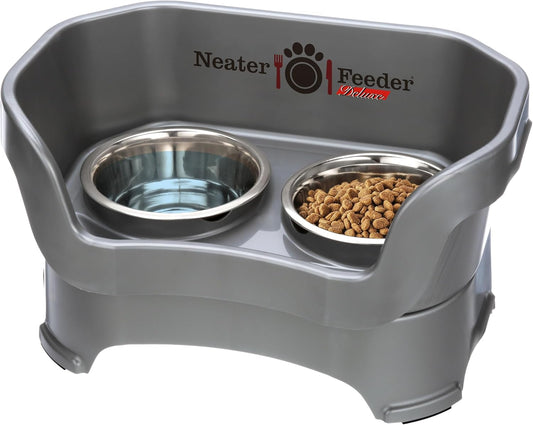 Neater Feeder Deluxe Mess Proof Dog Bowls Elevated Medium Sized Dog Breed – Made in USA – No Spill Raised Dog Food Bowl Stand – Stainless Steel Food and Water Bowl Set, Pet Feeding Station, Grey