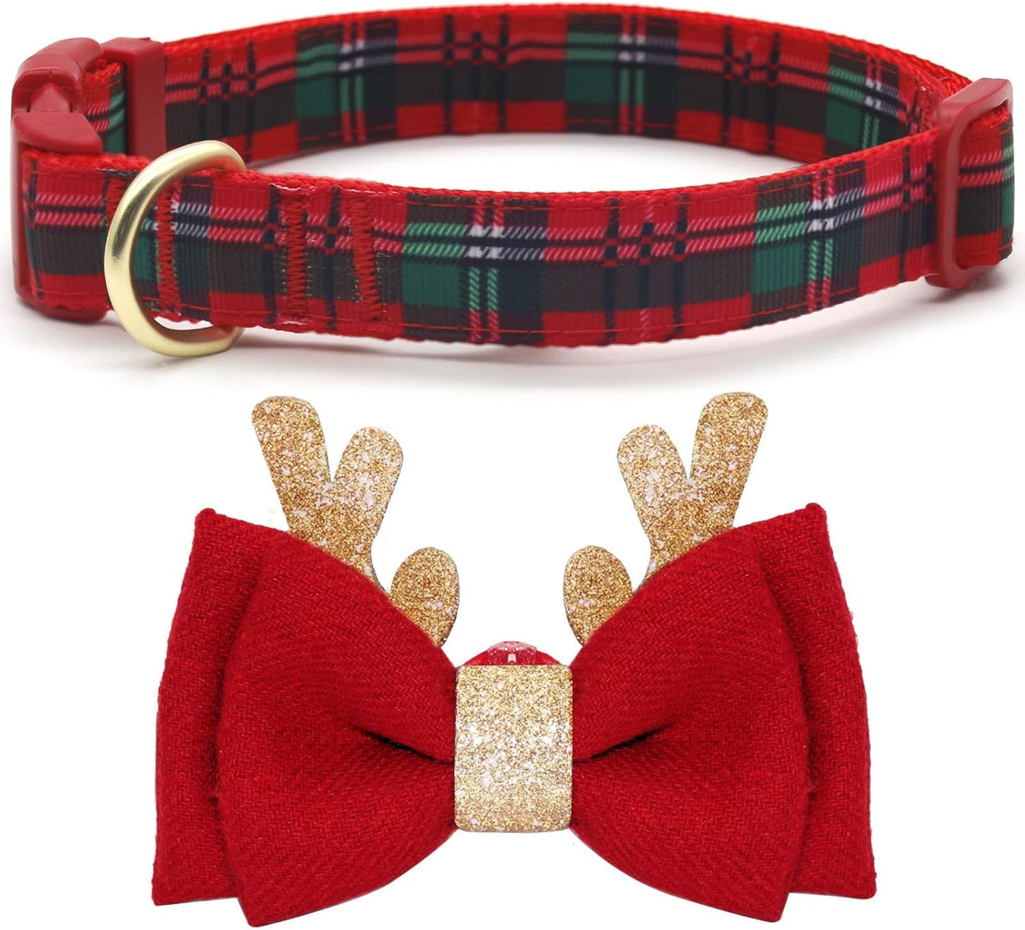 Christmas Dog Collar, Plaid Dog Collar and Cute Glitter Reindeer Antler with Bowtie, Soft & Comfy Xmas Dog Collars, for Large Dogs