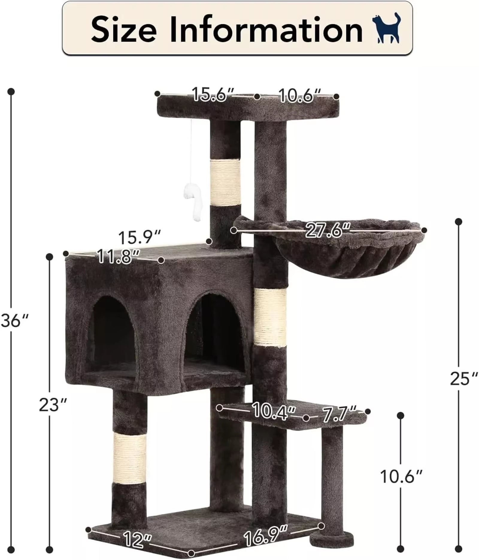 36" Cat Tree Cat Tower Scratching Posts Cat Condo W/Hammock for Indoor Cats Gray