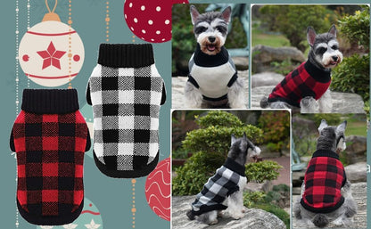 White Black Plaid Christmas Dog Sweater, Holiday Turtleneck Pet Sweater for Small Dogs, Cat Warm Coat Apparel, Winter Knitwear Pet Clothes for Cold Weather Small (S) 12"