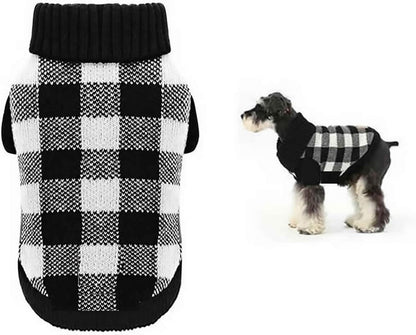 White Black Plaid Christmas Dog Sweater, Holiday Turtleneck Pet Sweater for Small Dogs, Cat Warm Coat Apparel, Winter Knitwear Pet Clothes for Cold Weather Small (S) 12"