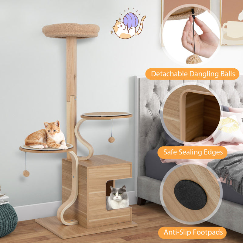 4-Layer Wooden Cat Tree 51 Inch Tall Cat Tower with Condo and Washable Cushions