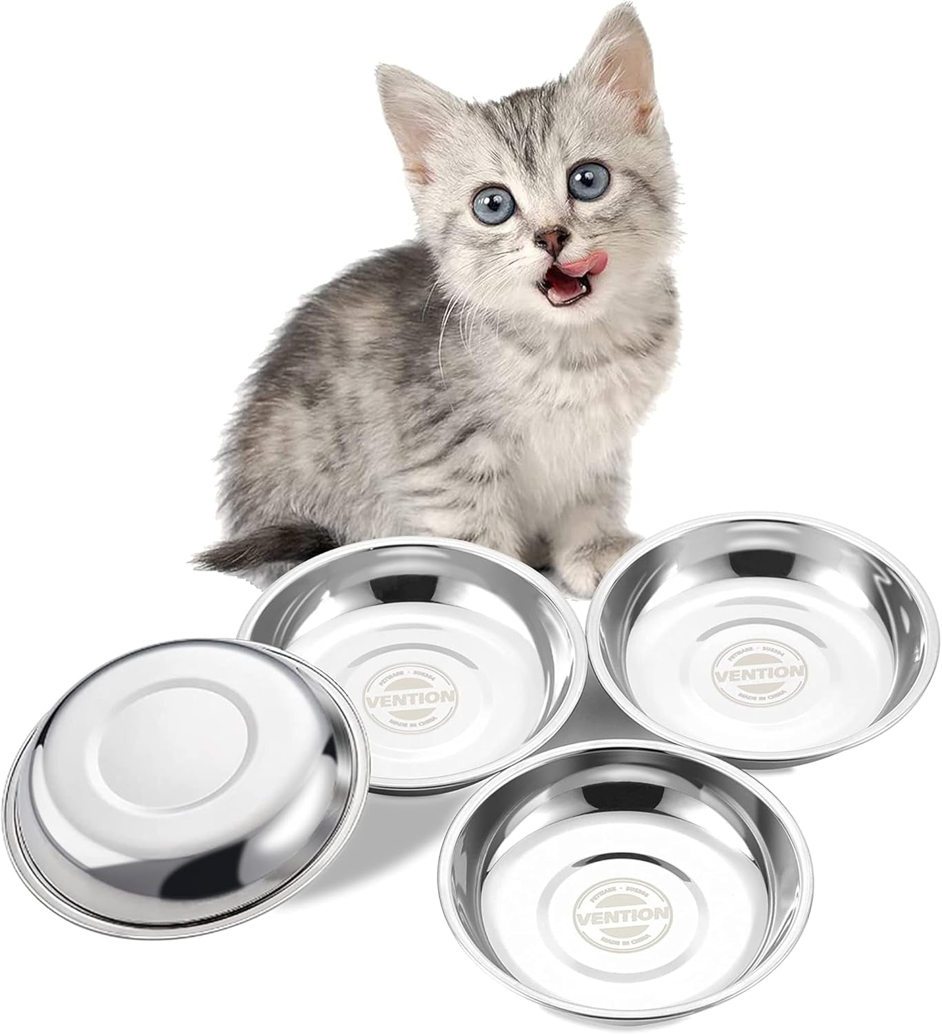 Small Shallow Cat Food Bowls, Outer Dia. 6.6 in Whisker Fatigue Cat Bowl, Stainless Steel Cat Food Dish for Indoor Cats, Set of 4 Replacement Cat Bowls for Raised Station(15.2 Fl.Oz)