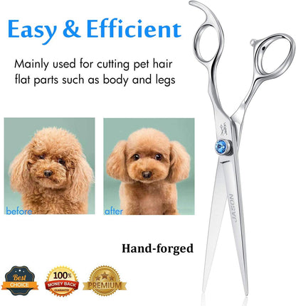 7" Straight Dog Grooming Scissors, Ergonomic Pets Grooming Shears, Premium Cats Trimming Kit with Offset Handle and Jewelled Screw, Sharp, Comfortable