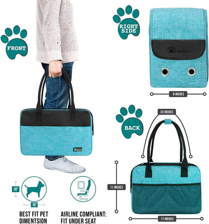 Dog Purse Carrier for Small Dogs, Airline Approved Soft Sided Pet Carrier with Pockets, Ventilated Dog Carrying Bag for Puppy Cat, Dog Travel Supplies Bag, Sherpa Bed, Max 12 Lbs, Teal Blue