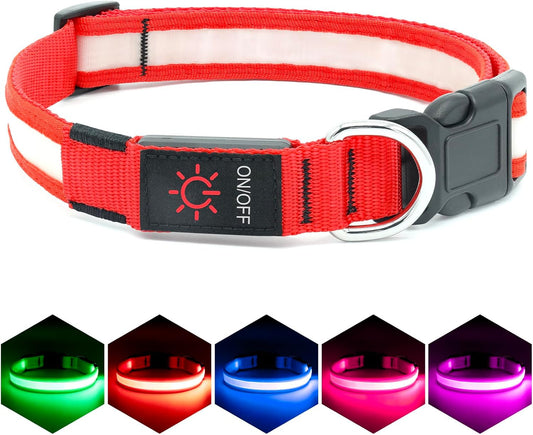 LED Dog Collar, Light up Dog Collar Adjustable USB Rechargeable Super Bright Safety Light Glowing Collars for Dogs(Medium,Red)