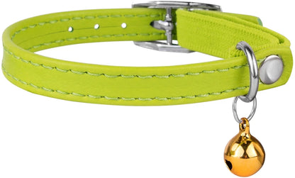 Leather Cat Collar Breakaway Safety Collars Elastic Strap for Small Cats Kitten with Bell, Lime Green