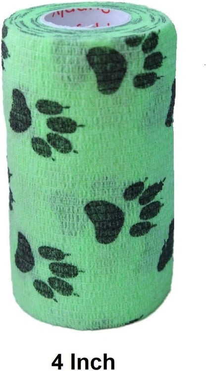 Vet Wrap Wrap Tape (Green with Paw Prints) (2 Pack) (3 Inch X 15 Feet) Self Adhesive Adherent Adhering Cohesive Flex Self Stick Bandage Grip Roll Dog Cat Pet Horse