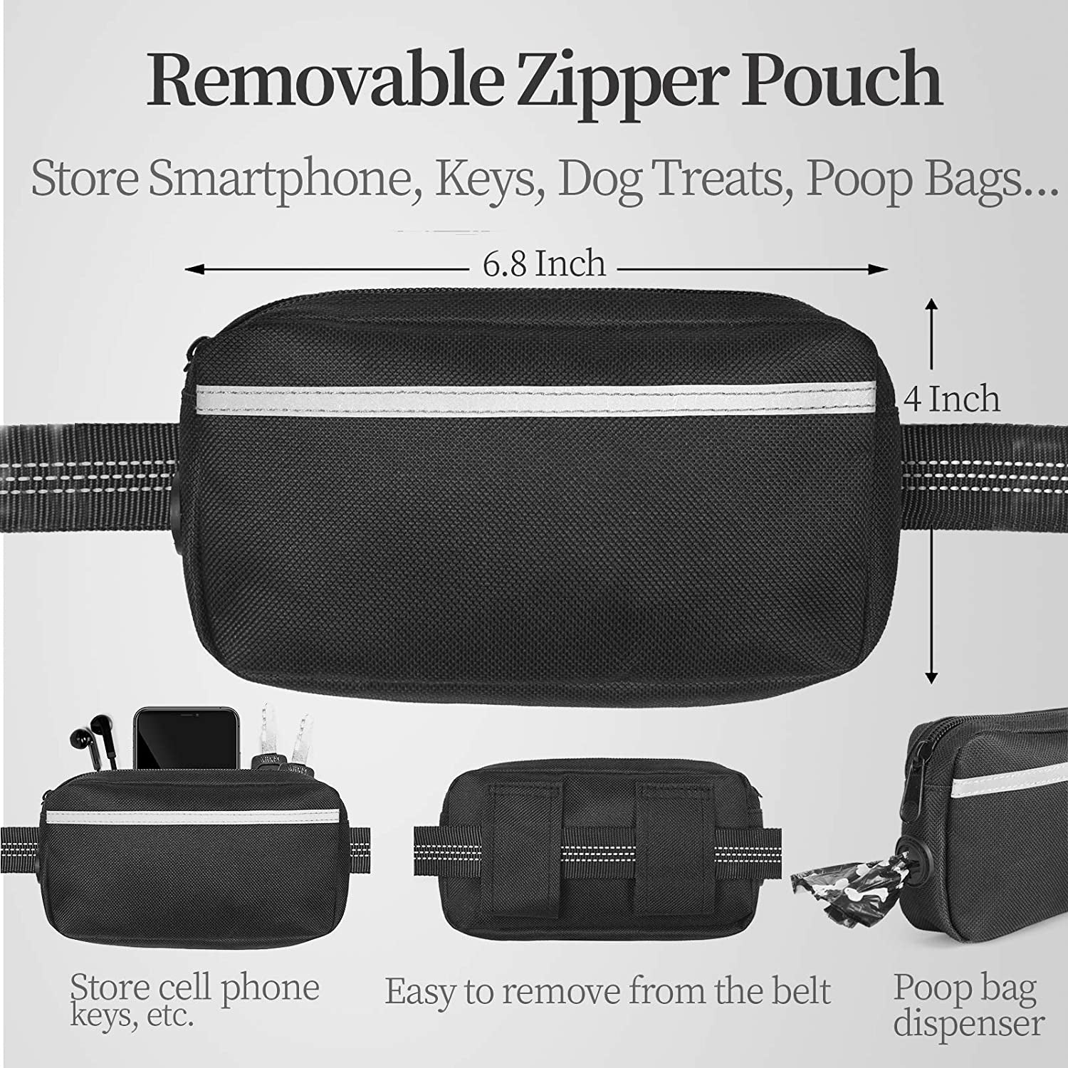 Hands Free Dog Leash with Zipper Pouch, Dual Padded Handles and Durable Bungee for Walking, Jogging and Running Your Dog (Medium, 8-25 Lbs, Black)