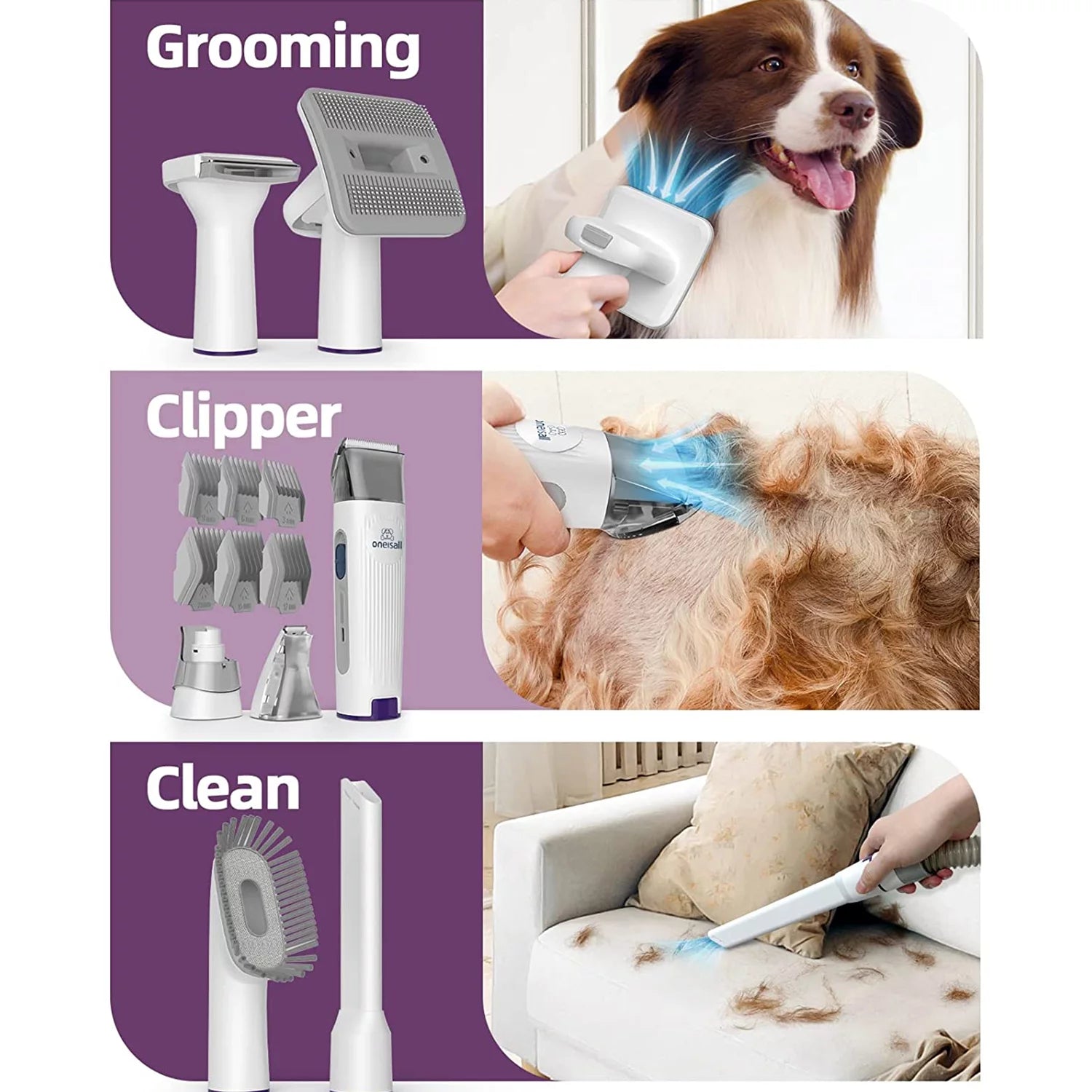 7 in 1 Dog Grooming Kit, Low Noise Pet Grooming Vacuum with 1.5 L Dust Cup, Dog Vacuum for Shedding Grooming, with 7 Professional Grooming Tools for Dogs Cats Pet Hair &Home Cleaning, Purple