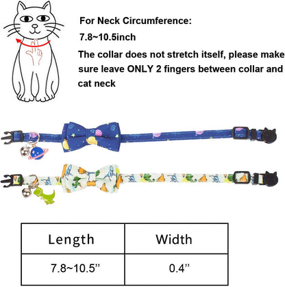 Cat Collar Breakaway with Cute Bow Tie Bell - 2 Pack Kitten Collar with Removable Bowtie Universe Dinosaur Pattern Cat Bowtie Collar for Cat Kitten (Dinosaur & Universe)