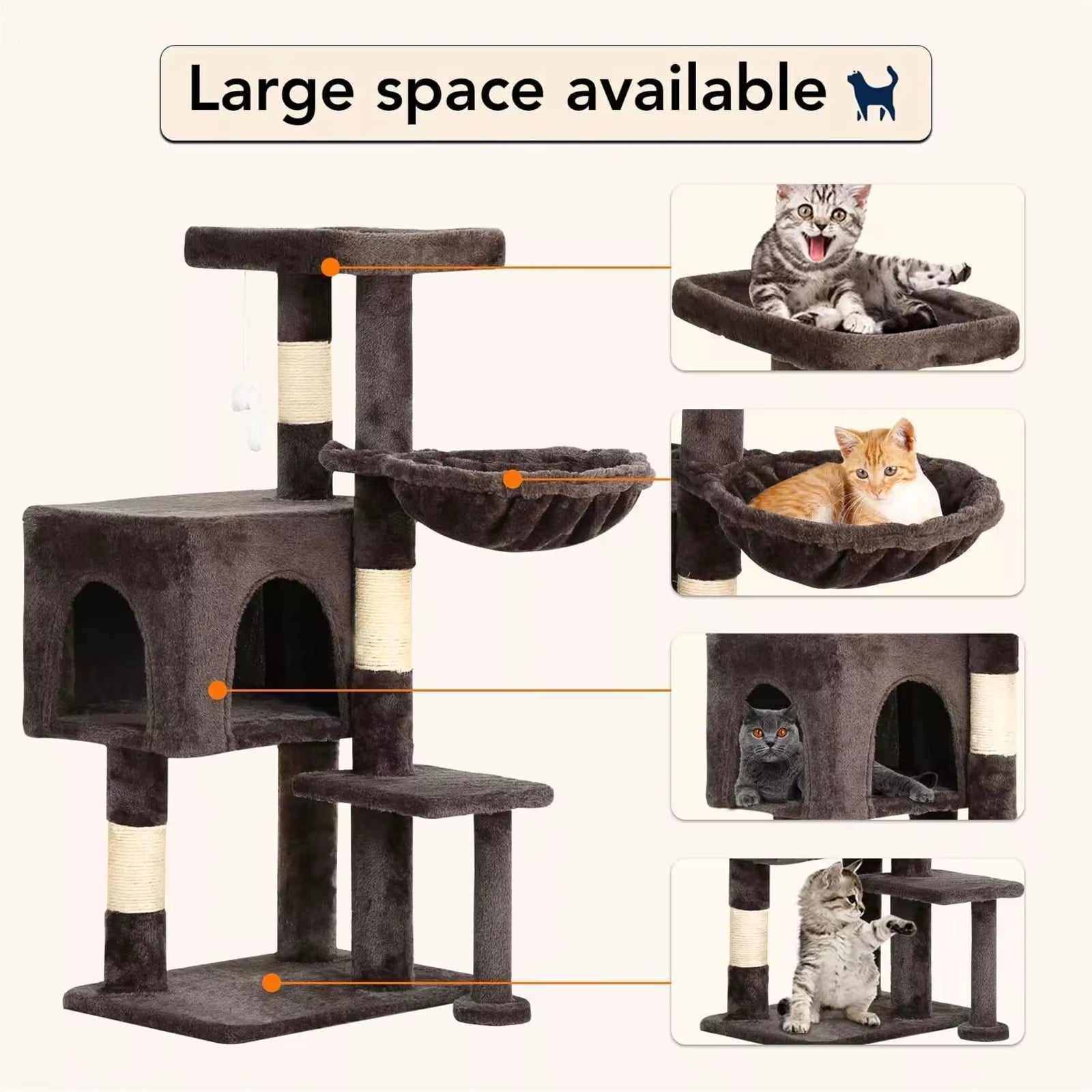 36" Cat Tree Cat Tower Scratching Posts Cat Condo W/Hammock for Indoor Cats Gray