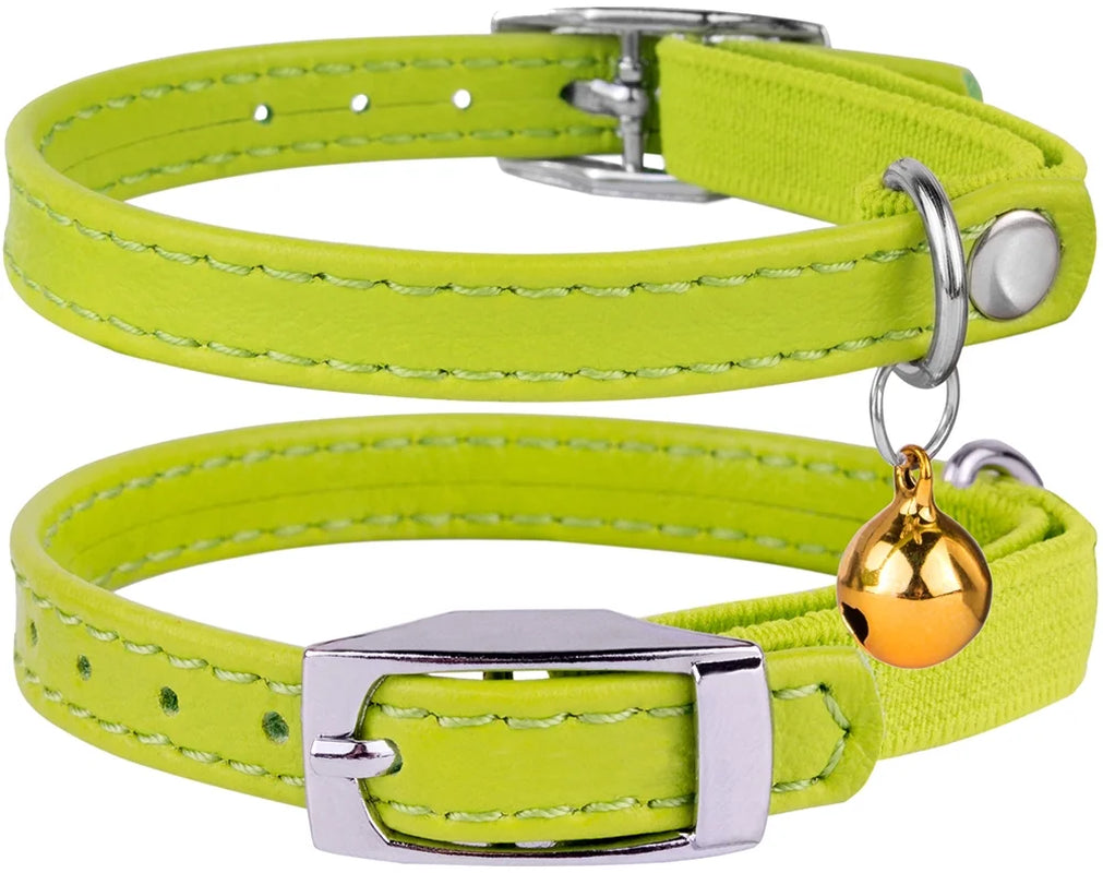 Leather Cat Collar Breakaway Safety Collars Elastic Strap for Small Cats Kitten with Bell, Lime Green