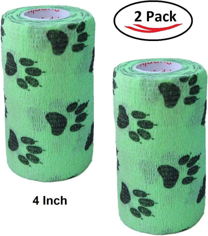 Vet Wrap Wrap Tape (Green with Paw Prints) (2 Pack) (3 Inch X 15 Feet) Self Adhesive Adherent Adhering Cohesive Flex Self Stick Bandage Grip Roll Dog Cat Pet Horse