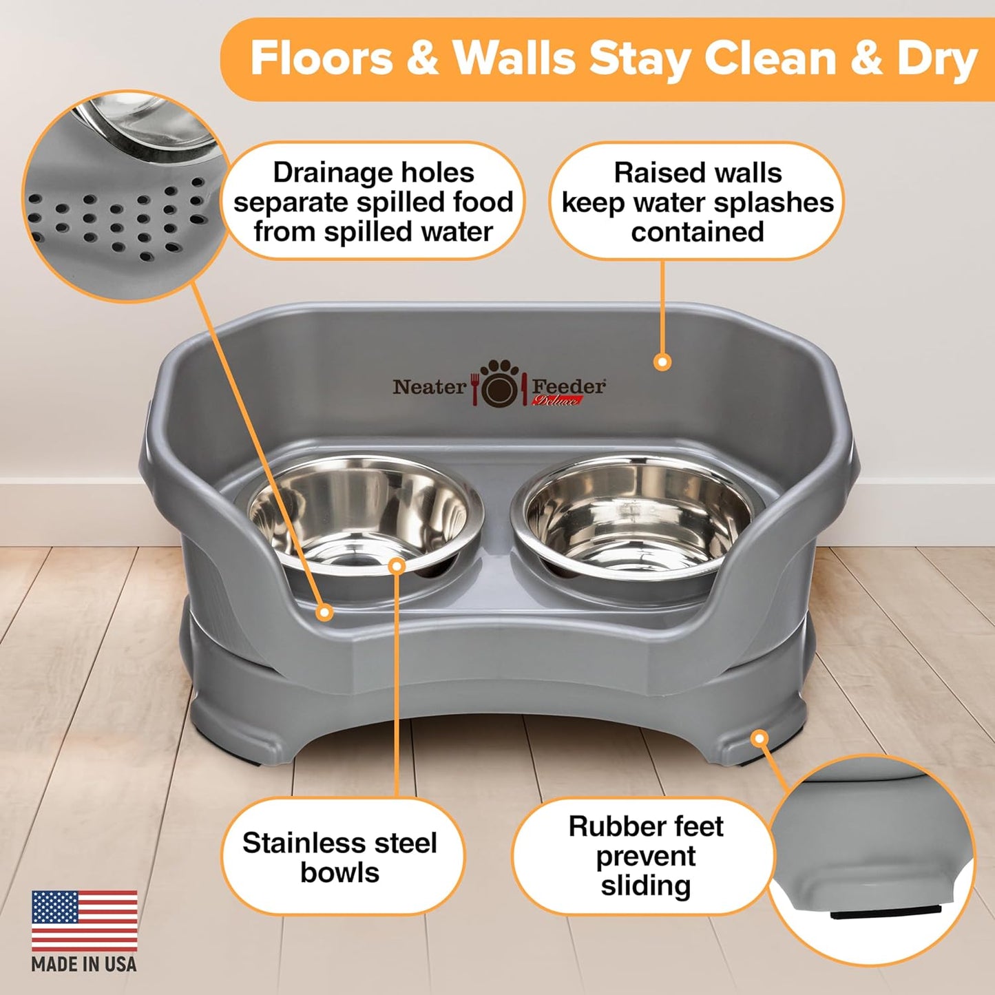 Neater Feeder Deluxe Mess Proof Dog Bowls Elevated for Small Breed – Made in USA – No Spill Raised Dog Food Bowl Stand – Stainless Steel Food and Water Bowl Set, Pet Feeding Station, Grey