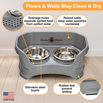 Neater Feeder Deluxe Mess Proof Dog Bowls Elevated for Small Breed – Made in USA – No Spill Raised Dog Food Bowl Stand – Stainless Steel Food and Water Bowl Set, Pet Feeding Station, Grey