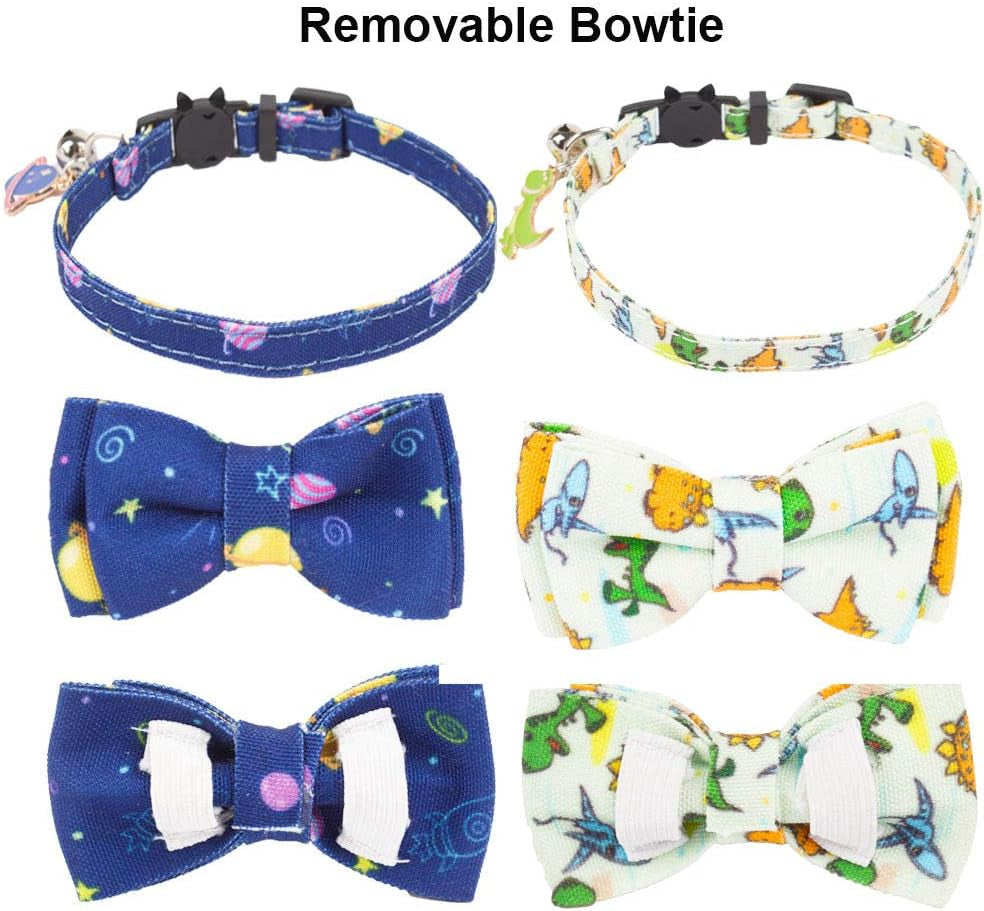 Cat Collar Breakaway with Cute Bow Tie Bell - 2 Pack Kitten Collar with Removable Bowtie Universe Dinosaur Pattern Cat Bowtie Collar for Cat Kitten (Dinosaur & Universe)