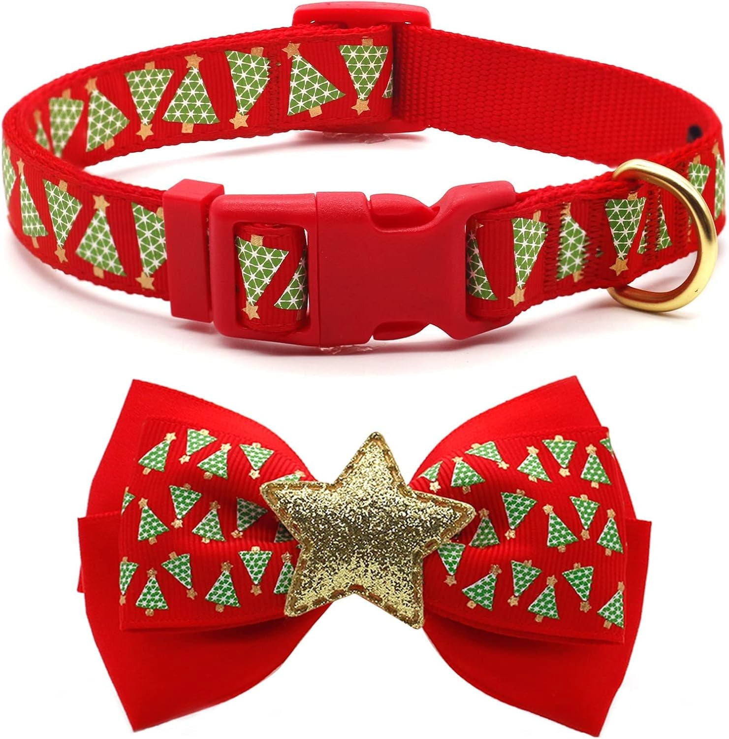 Christmas Dog Collar with Bow Tie Adjustable Dog Collar Festival Green Tree Dog Collar for Medium Dogs