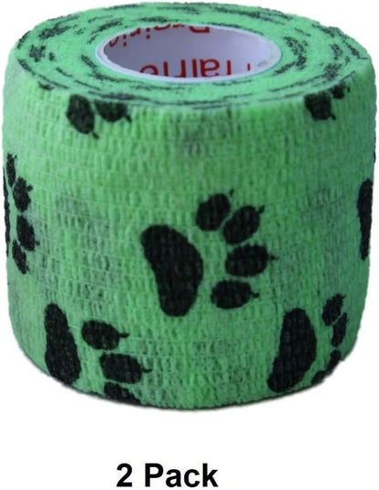 Vet Wrap Wrap Tape (Green with Paw Prints) (2 Pack) (3 Inch X 15 Feet) Self Adhesive Adherent Adhering Cohesive Flex Self Stick Bandage Grip Roll Dog Cat Pet Horse