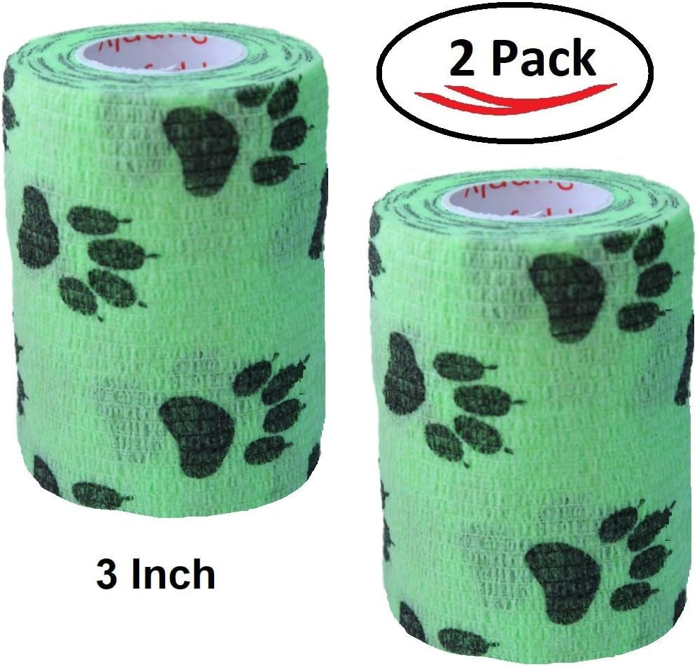 Vet Wrap Wrap Tape (Green with Paw Prints) (2 Pack) (3 Inch X 15 Feet) Self Adhesive Adherent Adhering Cohesive Flex Self Stick Bandage Grip Roll Dog Cat Pet Horse