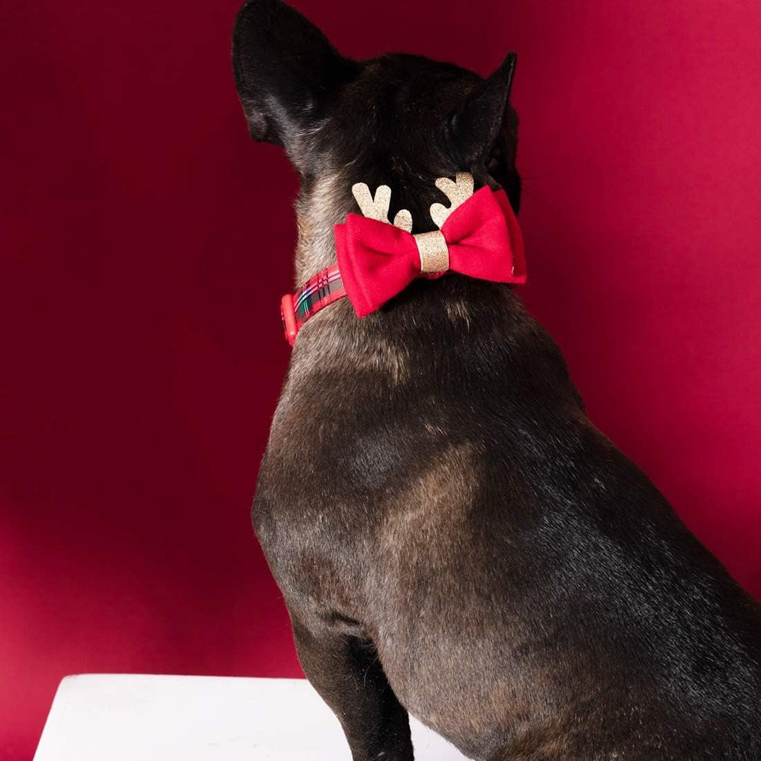 Christmas Dog Collar, Plaid Dog Collar and Cute Glitter Reindeer Antler with Bowtie, Soft & Comfy Xmas Dog Collars, for Large Dogs