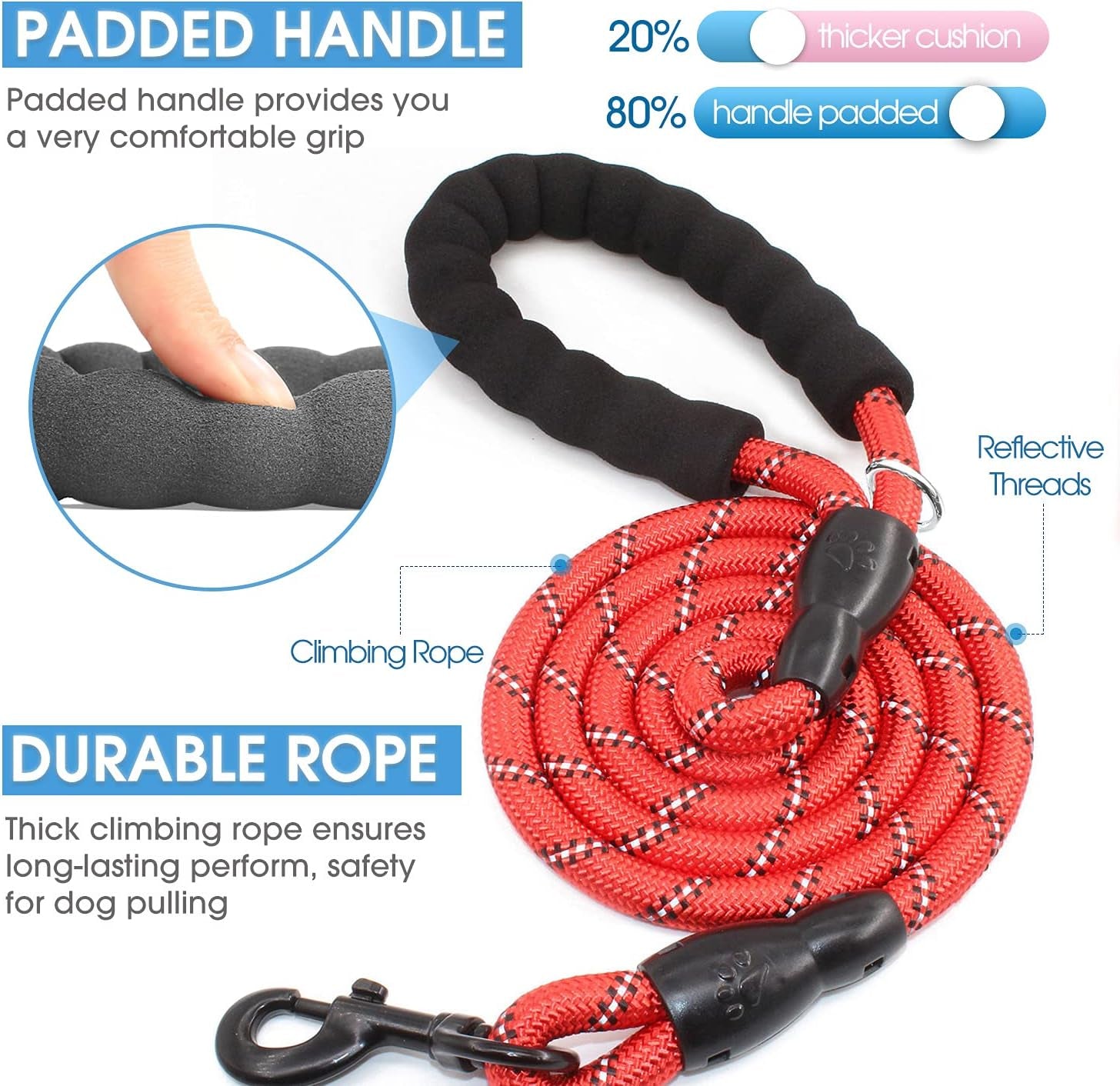 2 Packs 5/6 FT Dog Leash with Comfortable Padded Handle and Highly Reflective Threads Dog Leashes for Small Medium and Large Dogs (5FT-1/2'', Black+Red)