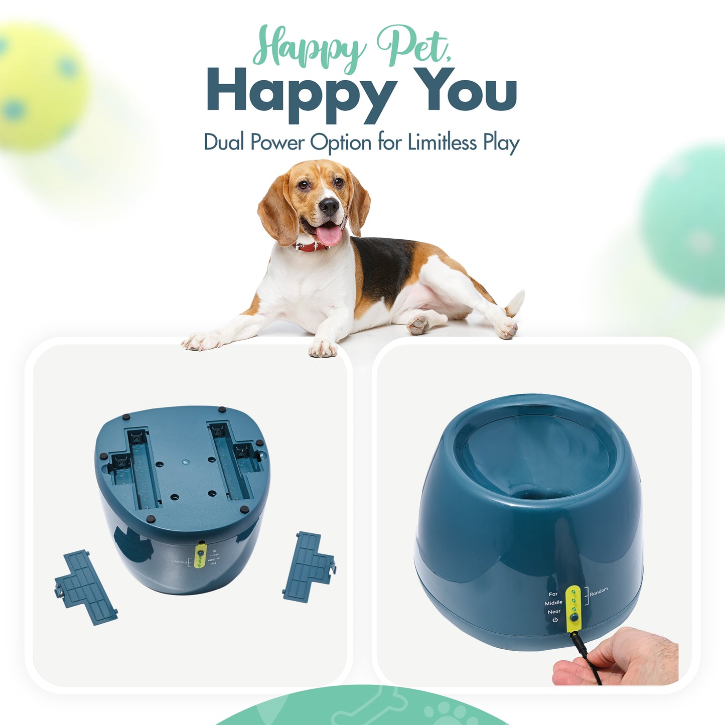 Automatic Dog Ball Launcher - Dog Ball Fetch Machine, Ball Thrower for Dogs, for Small to Medium Sized Dogs, Great Interactive Dog Toy with 6 Latex Balls, Dual Power Supply