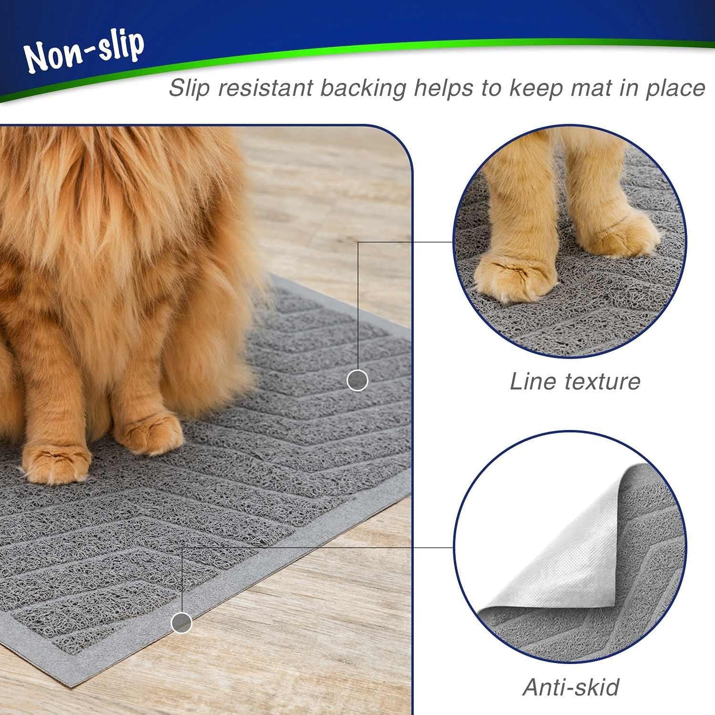 Cat Litter Box Mat(No. 02-2), Kitty Premium PVC Pad, Durable Trapping Rug, Phthalate Free, Urine-Resistant, Scatter Control, L 35 X 23, Grey