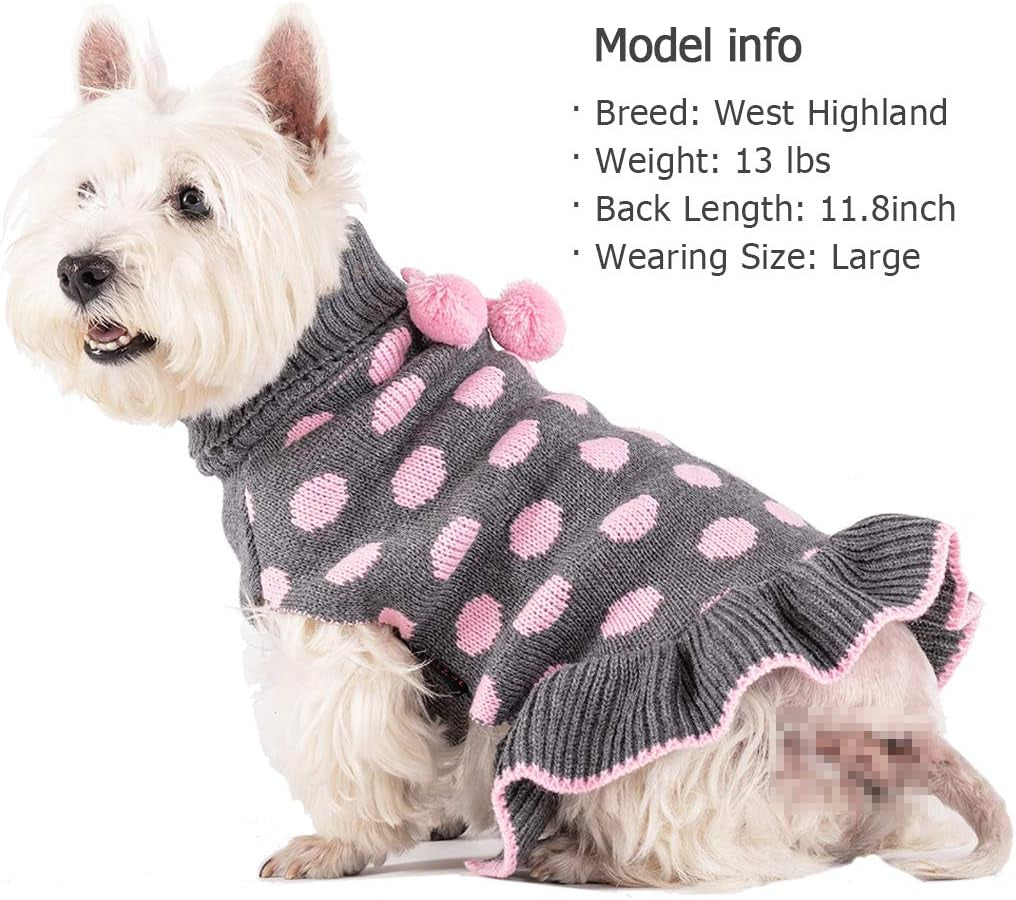 Dog Sweater Dress Turtleneck Polka Dot Dog Sweaters with Leash Hole Knitwear Warm Pet Sweater with Pom Pom Ball