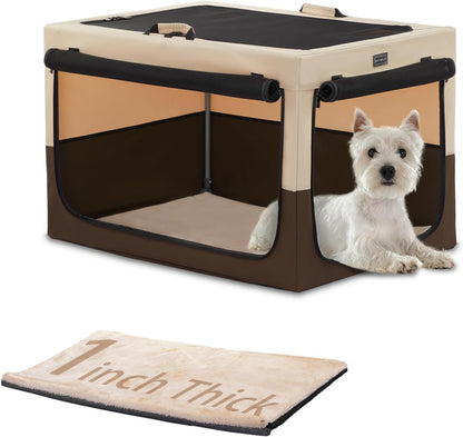 Portable Dog Crate, Collapsible Dog Crate - 24 Inch Easy Set-Up, Light, Sturdy, Comfy inside with Thicken Mat, Soft Crate for Home and Travel Brown