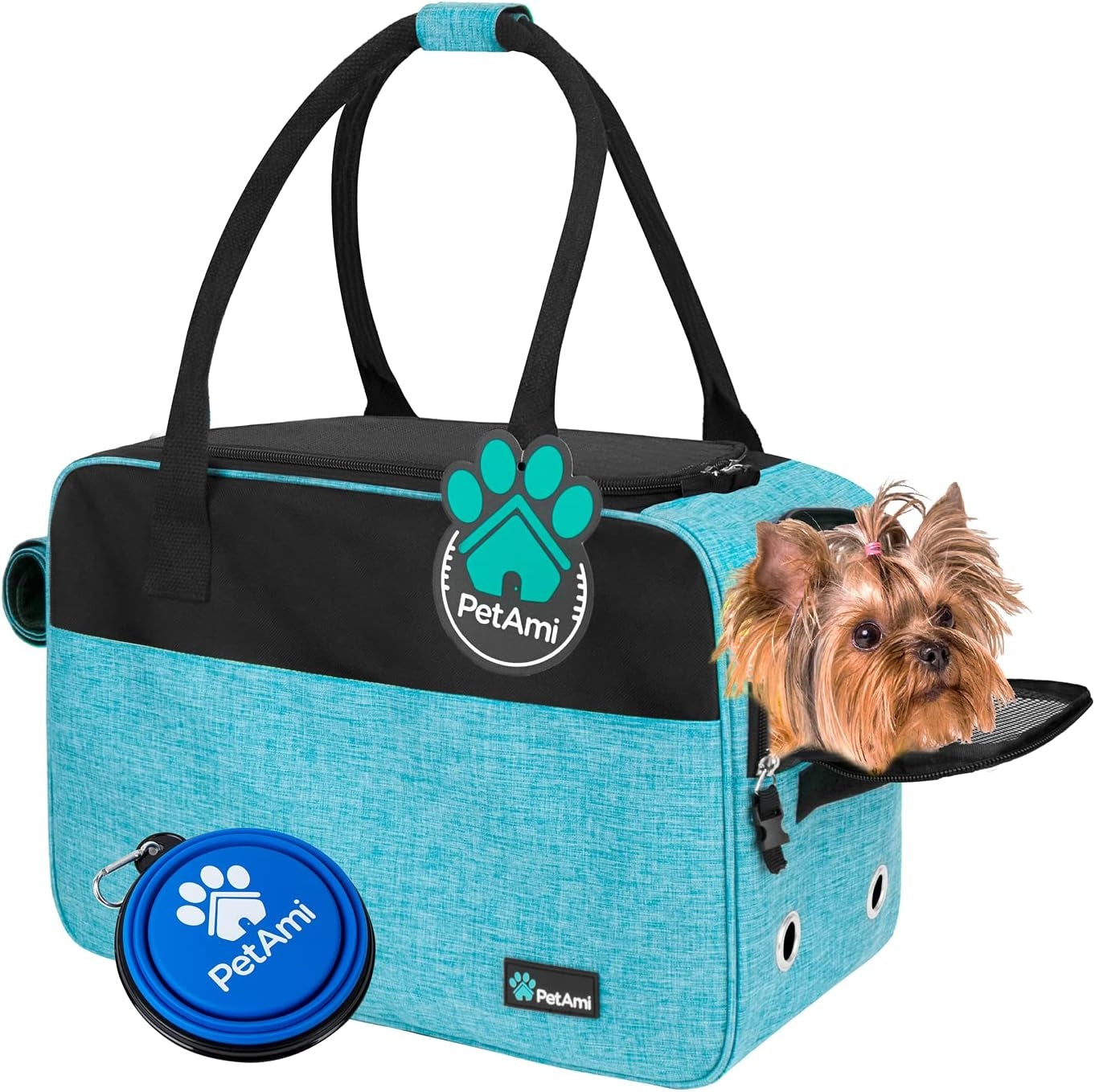 Dog Purse Carrier for Small Dogs, Airline Approved Soft Sided Pet Carrier with Pockets, Ventilated Dog Carrying Bag for Puppy Cat, Dog Travel Supplies Bag, Sherpa Bed, Max 12 Lbs, Teal Blue