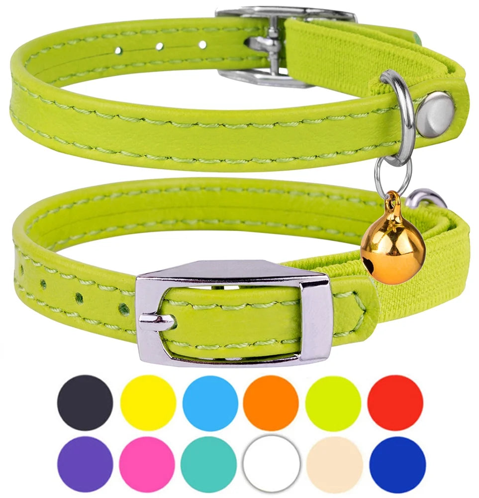 Leather Cat Collar Breakaway Safety Collars Elastic Strap for Small Cats Kitten with Bell, Lime Green