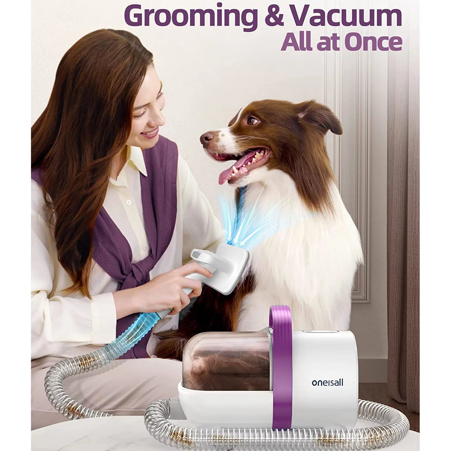 7 in 1 Dog Grooming Kit, Low Noise Pet Grooming Vacuum with 1.5 L Dust Cup, Dog Vacuum for Shedding Grooming, with 7 Professional Grooming Tools for Dogs Cats Pet Hair &Home Cleaning, Purple