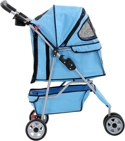 Pet Stroller Jogger Cat Dog Cage 3 Wheels Stroller Travel Folding Carrier Strolling Cart with Cup Holders and Removable Liner 35Lbs Capacity Large Doggie Stroller for Small-Medium Dogs, Cat Blue