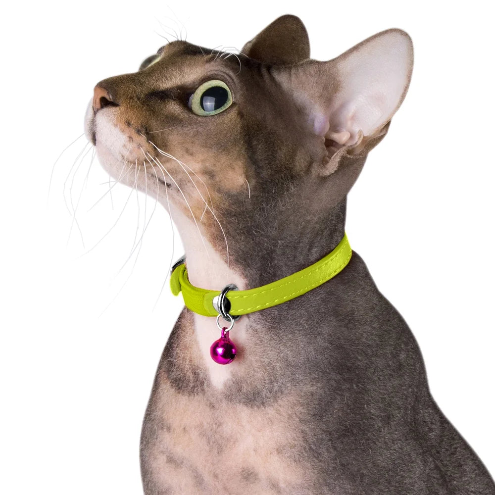 Leather Cat Collar Breakaway Safety Collars Elastic Strap for Small Cats Kitten with Bell, Lime Green