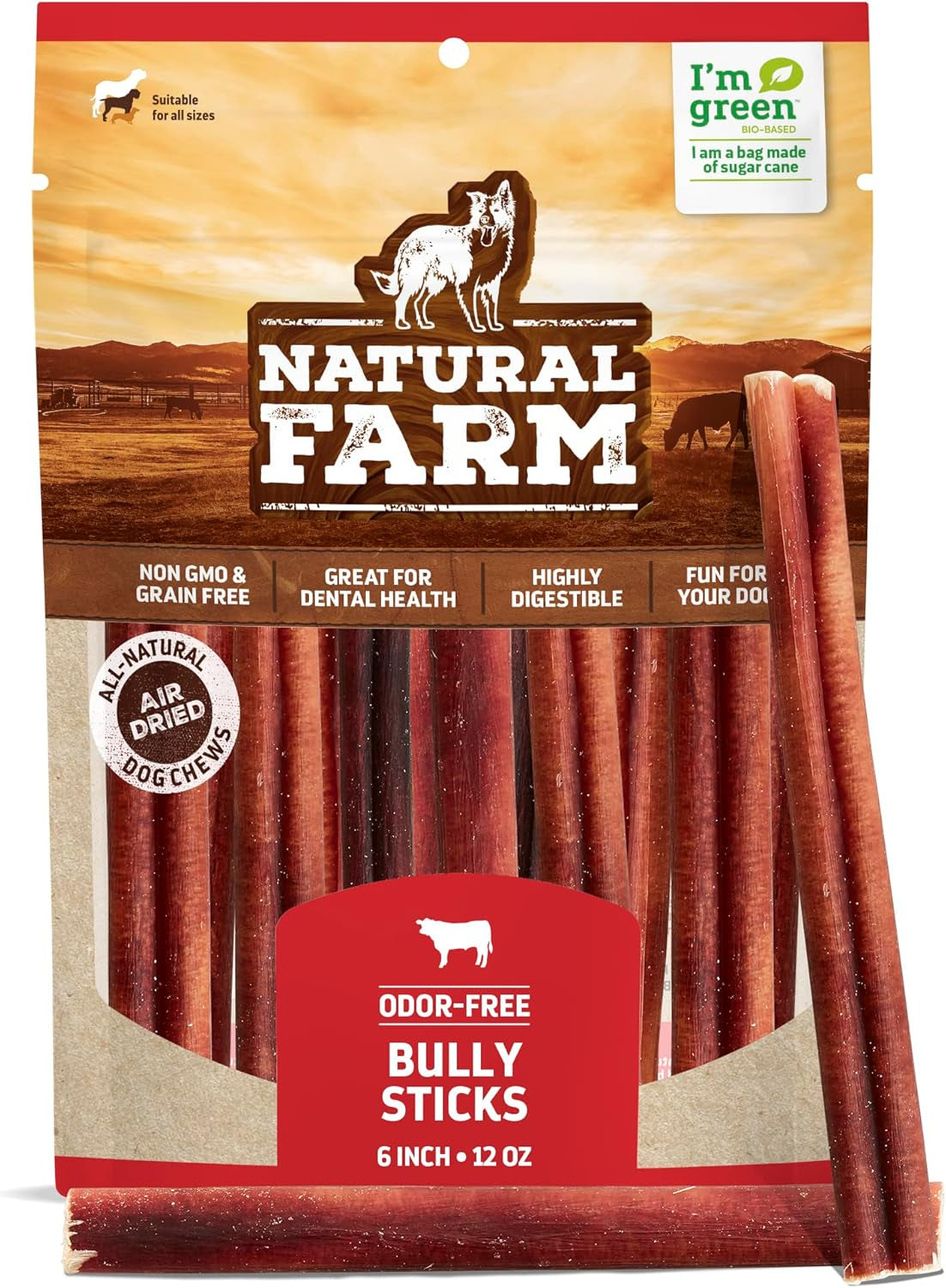 Bully Sticks, Odor-Free, (6 Inch, 12 Ounces), Packaged by Weight, 100% Beef Pizzle Chews, Grass-Fed, Fully Digestible Treats to Keep Your Puppies, Small and Medium Dogs Busy