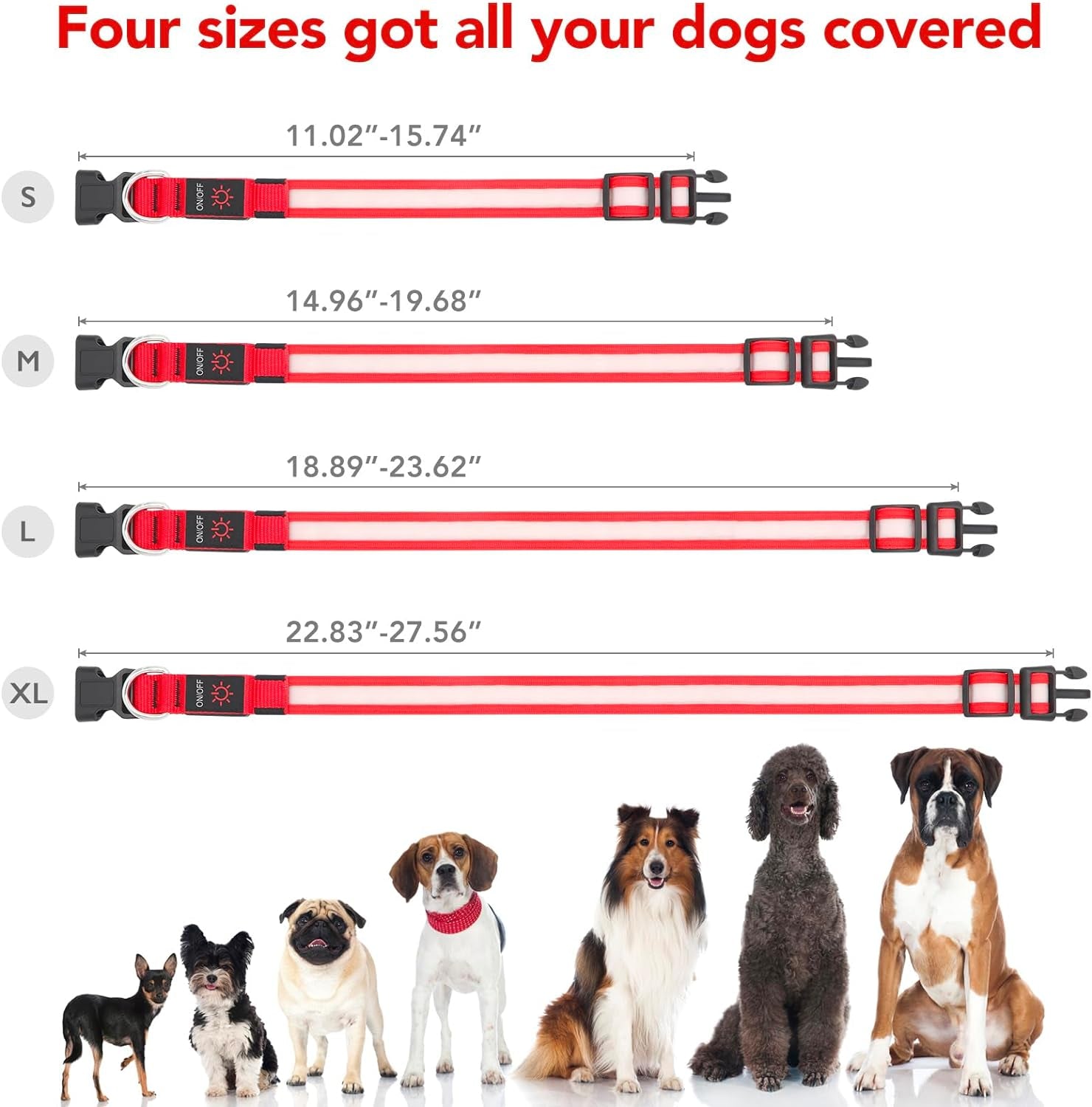 LED Dog Collar, Light up Dog Collar Adjustable USB Rechargeable Super Bright Safety Light Glowing Collars for Dogs(Medium,Red)