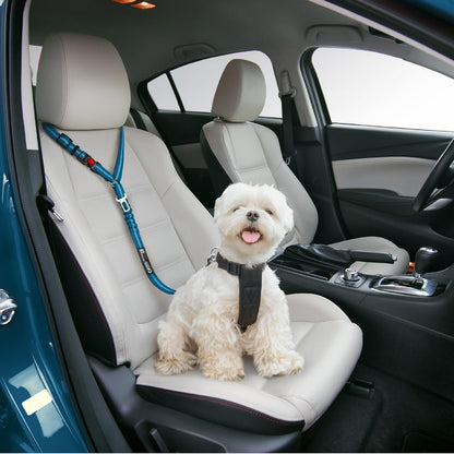 Comfortable Dog Seat Belt Harness for Car - 2-In-1 Leash and Restraint Secures to Headrest. Adjustable Bungee, Strong, Durable, 360 Degree Swivel Attach Won'T Twist, Reflective, Easy to Use (Blue)