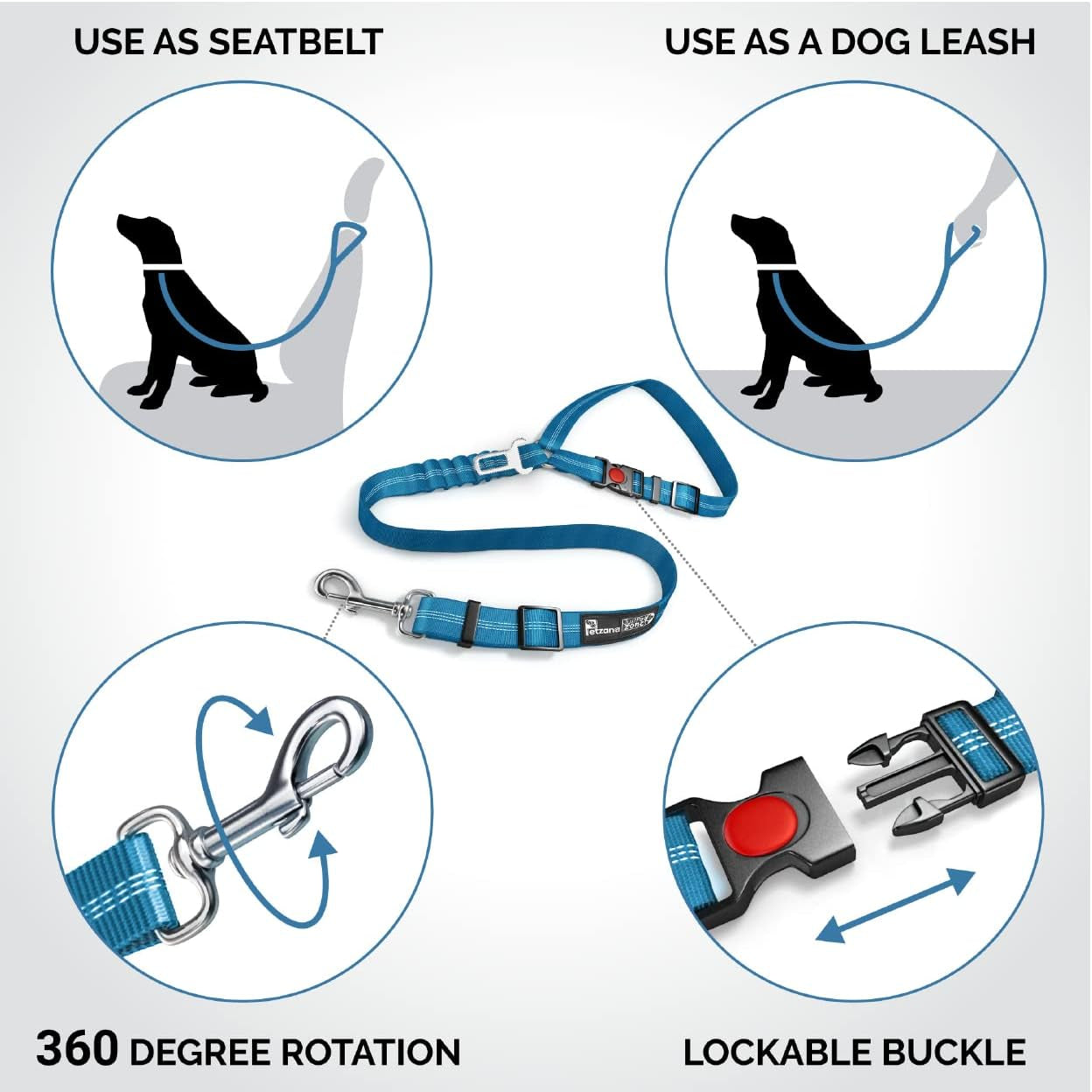 Comfortable Dog Seat Belt Harness for Car - 2-In-1 Leash and Restraint Secures to Headrest. Adjustable Bungee, Strong, Durable, 360 Degree Swivel Attach Won'T Twist, Reflective, Easy to Use (Blue)