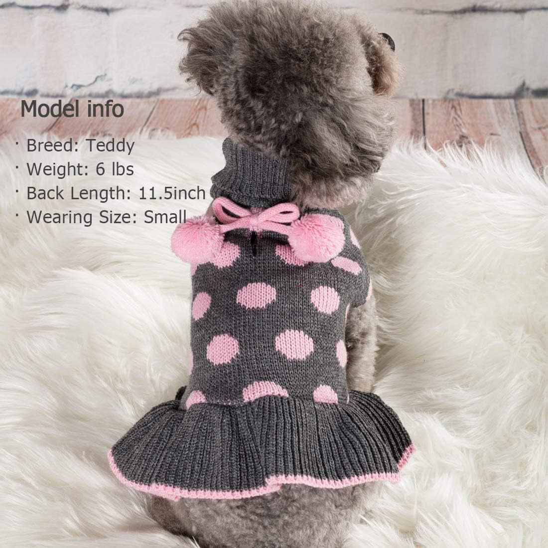 Dog Sweater Dress Turtleneck Polka Dot Dog Sweaters with Leash Hole Knitwear Warm Pet Sweater with Pom Pom Ball