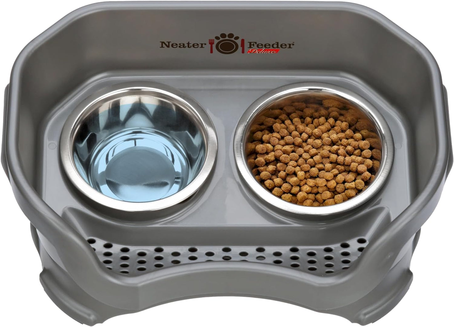 Neater Feeder Deluxe Mess Proof Dog Bowls Elevated for Small Breed – Made in USA – No Spill Raised Dog Food Bowl Stand – Stainless Steel Food and Water Bowl Set, Pet Feeding Station, Grey