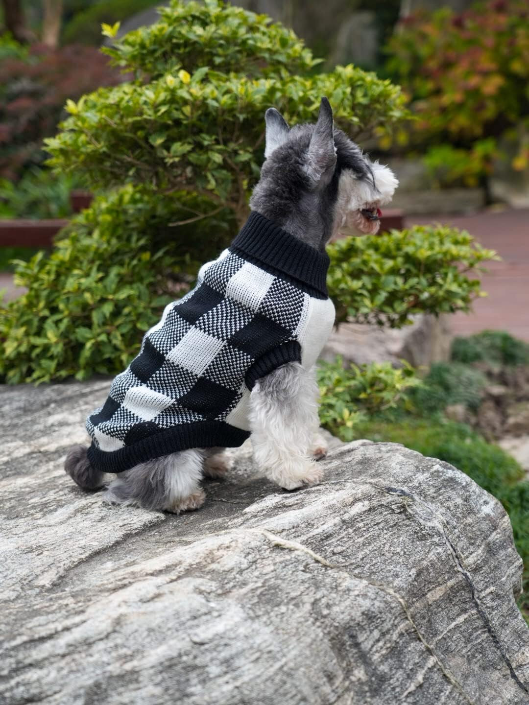 White Black Plaid Christmas Dog Sweater, Holiday Turtleneck Pet Sweater for Small Dogs, Cat Warm Coat Apparel, Winter Knitwear Pet Clothes for Cold Weather Small (S) 12"